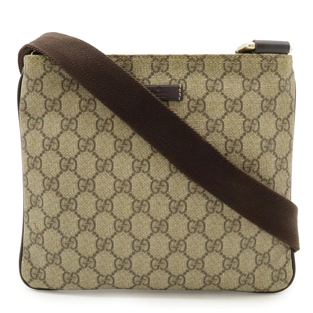 Gucci GG Supreme Plus Crossbody Bag Gusset Leather Beige Cream Brown Dark